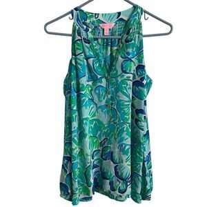 Lilly Pulitzer Womens Elsa Sunny Shoulder Silk Top XS Elephant Ears Green Print